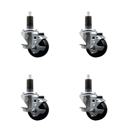 Service Caster 3'' Hard Rubber Swivel 1-1/4'' Expanding Stem Caster Set with Brake, 4PK SCC-EX20S314-HRS-TLB-114-4